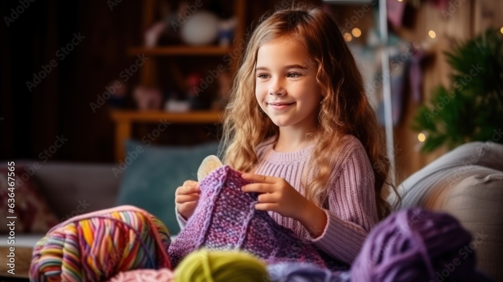 A beautiful girl of 10 years old is learning to knit.