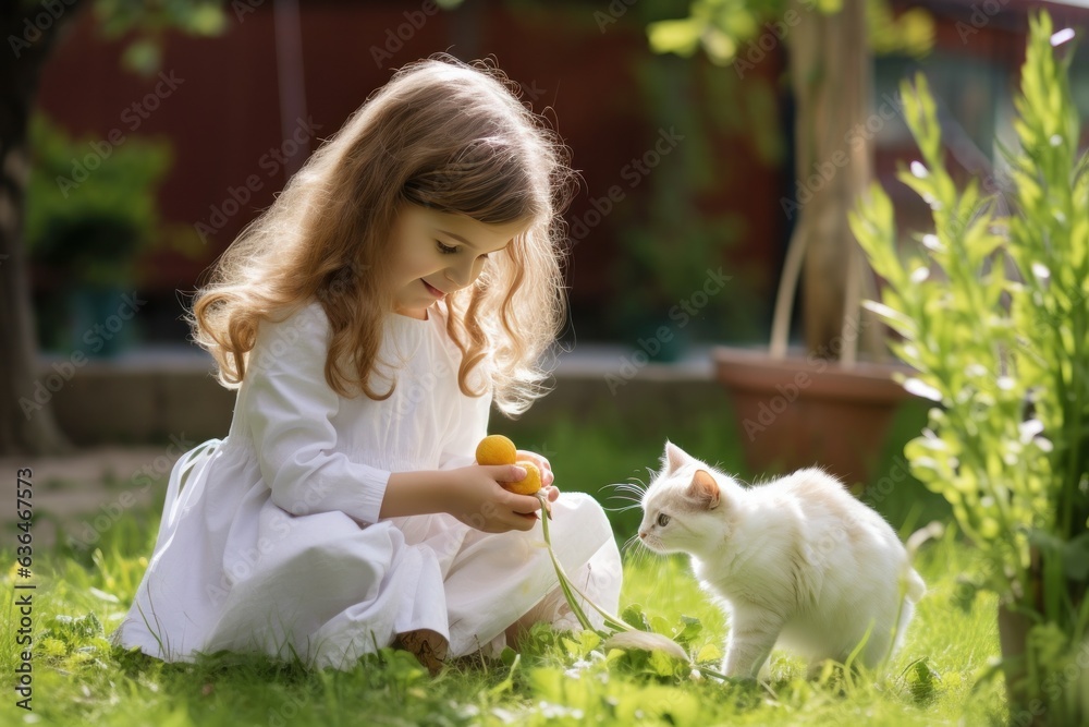 Girl playing with a cat with a ribbon in the garden