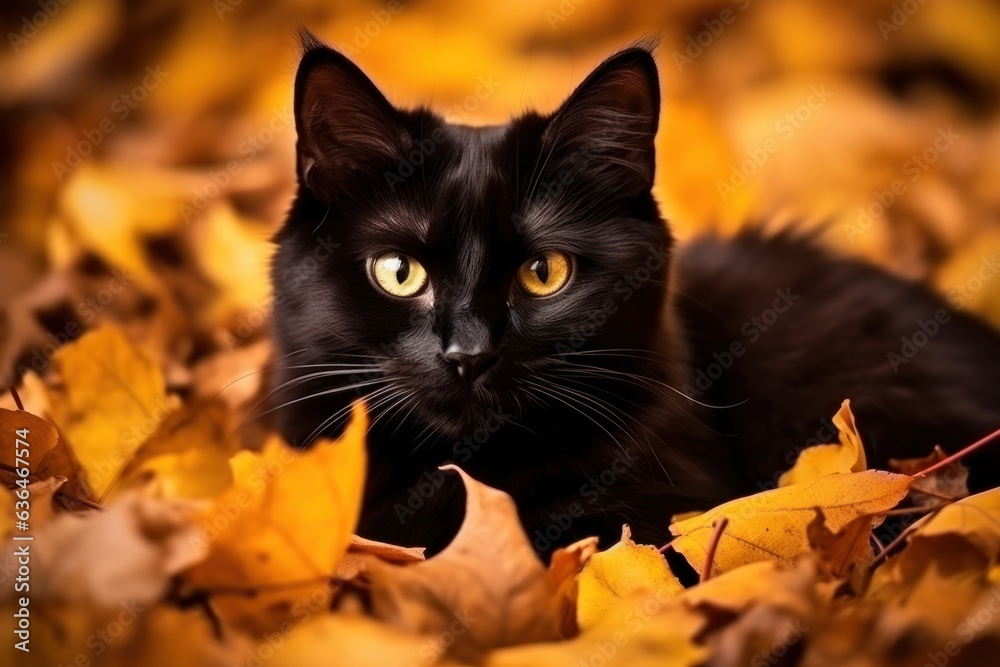 Black cat in autumn leaves