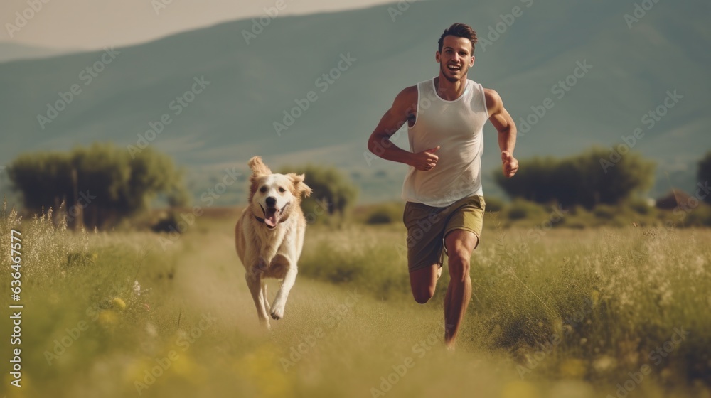 A man jogging with his dog