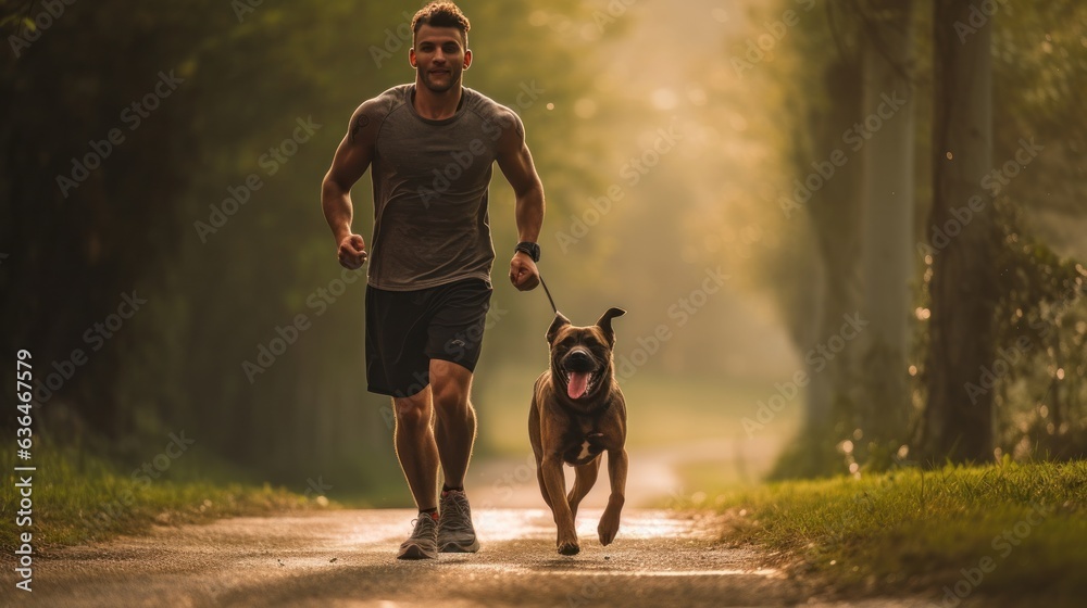 A man jogging with his dog