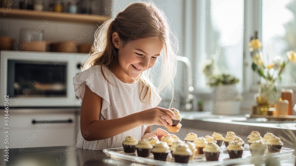 A beautiful girl of 10 years old bakes cupcakes with her mother in a kitchen.