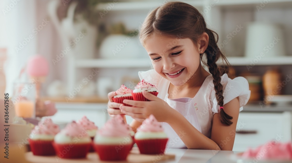 A beautiful girl of 10 years old bakes cupcakes with her mother in a kitchen.