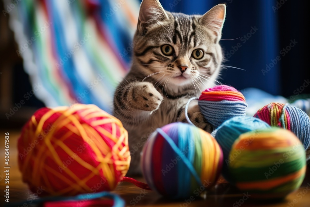 Cat plays with knitting balls