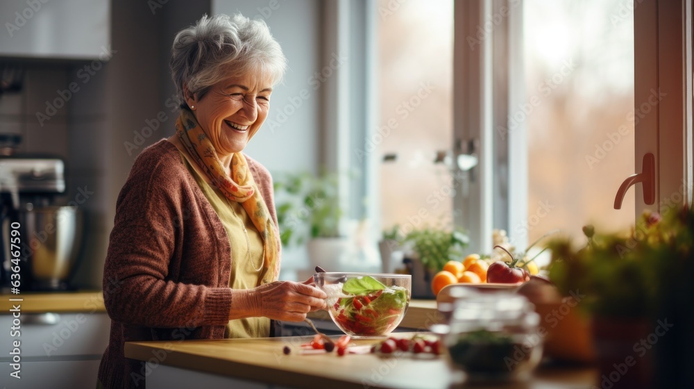 Old couple cooking breakfast together