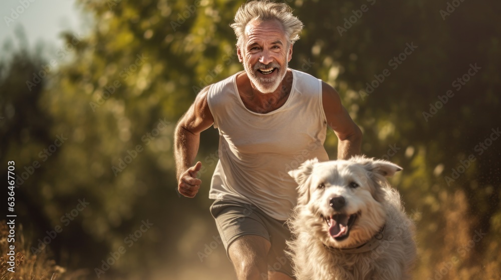 A man jogging with his dog