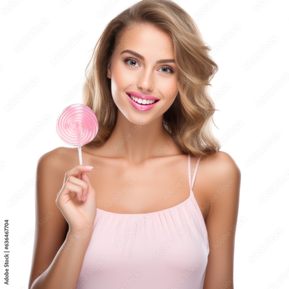 Beautiful Woman Eating Big Pink Lollipop isolated.