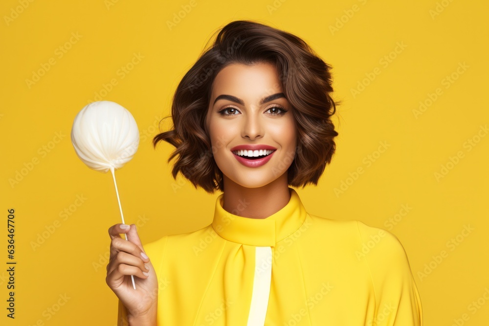 Beautiful Woman Eating Big Pink Lollipop isolated.