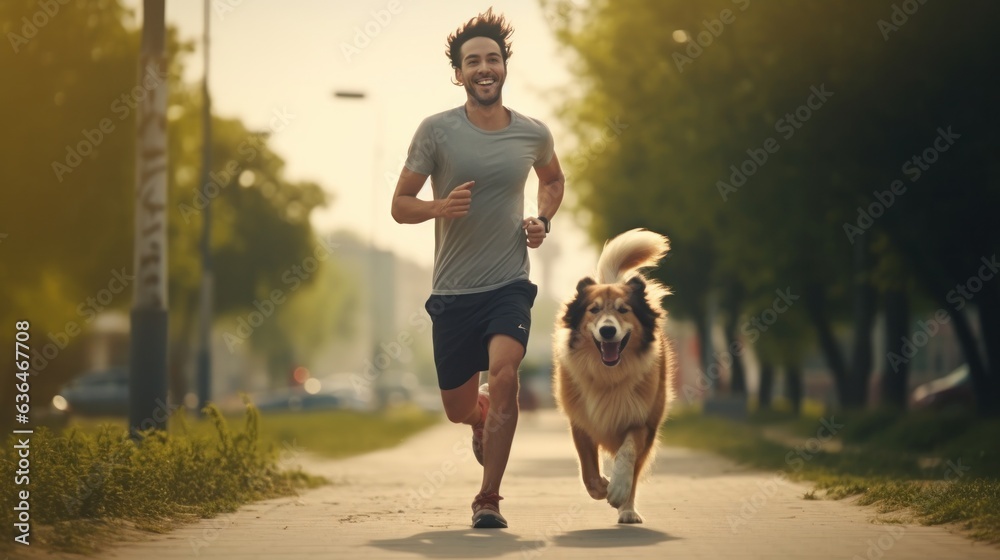 A man jogging with his dog