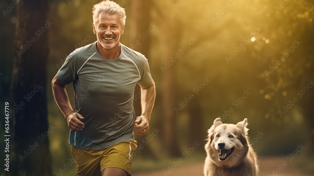 A man jogging with his dog