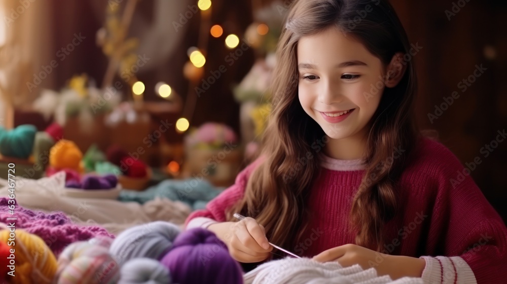 A beautiful girl of 10 years old is learning to knit.