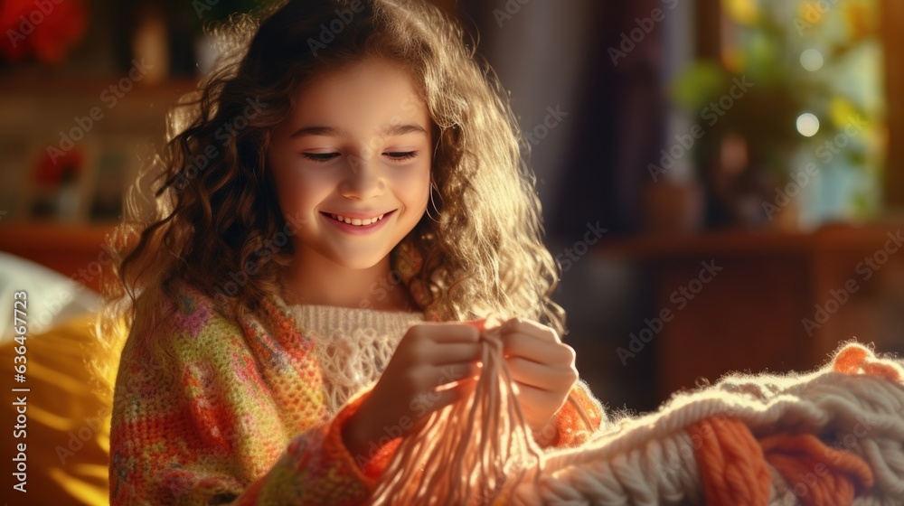 A beautiful girl of 10 years old is learning to knit.