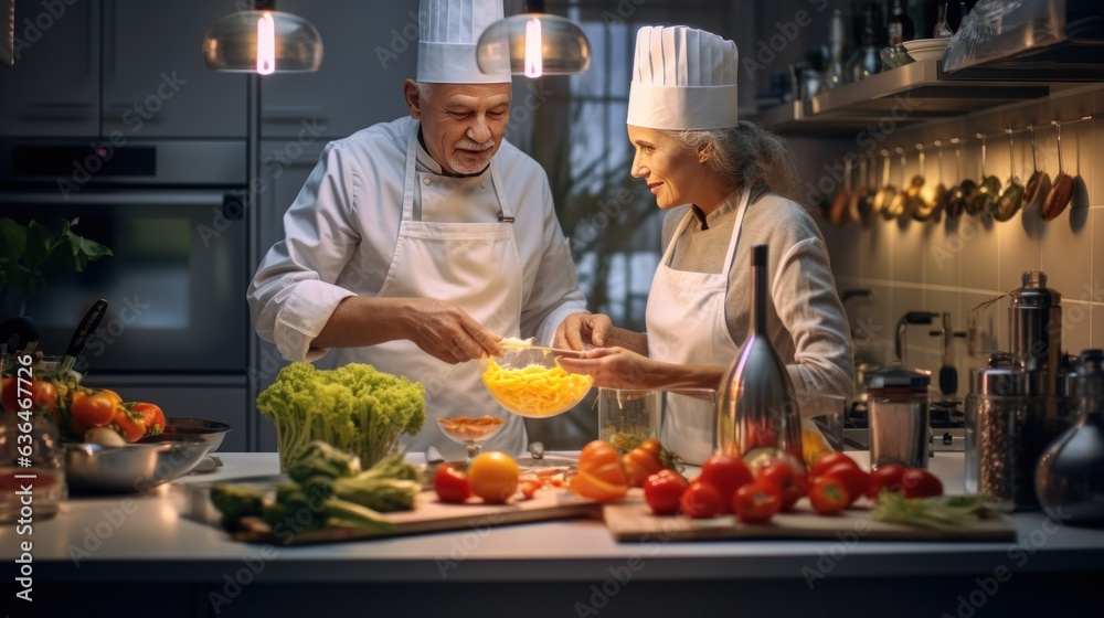 Old couple cooking breakfast together