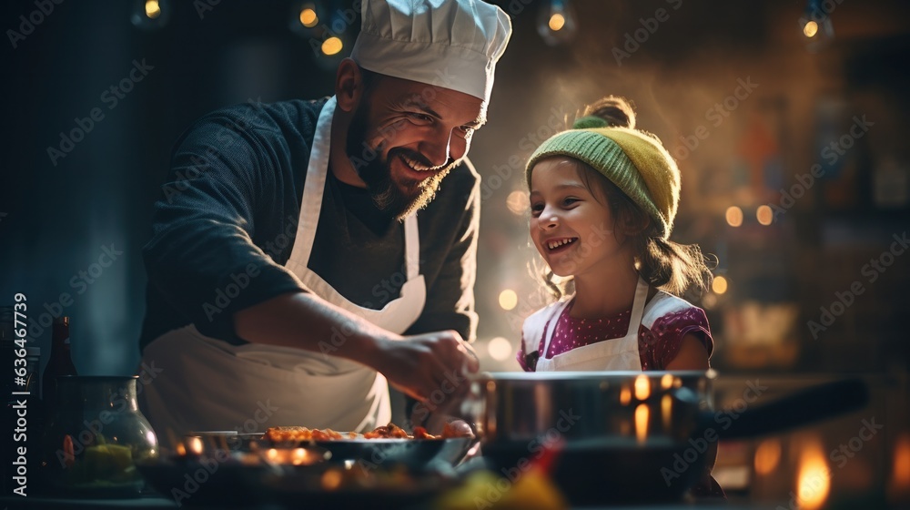 Dad with a girl of 10 years cooking breakfast together