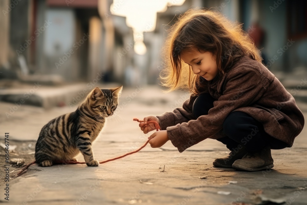 A girl holds a rope with a bow and a cat plays with her on the street