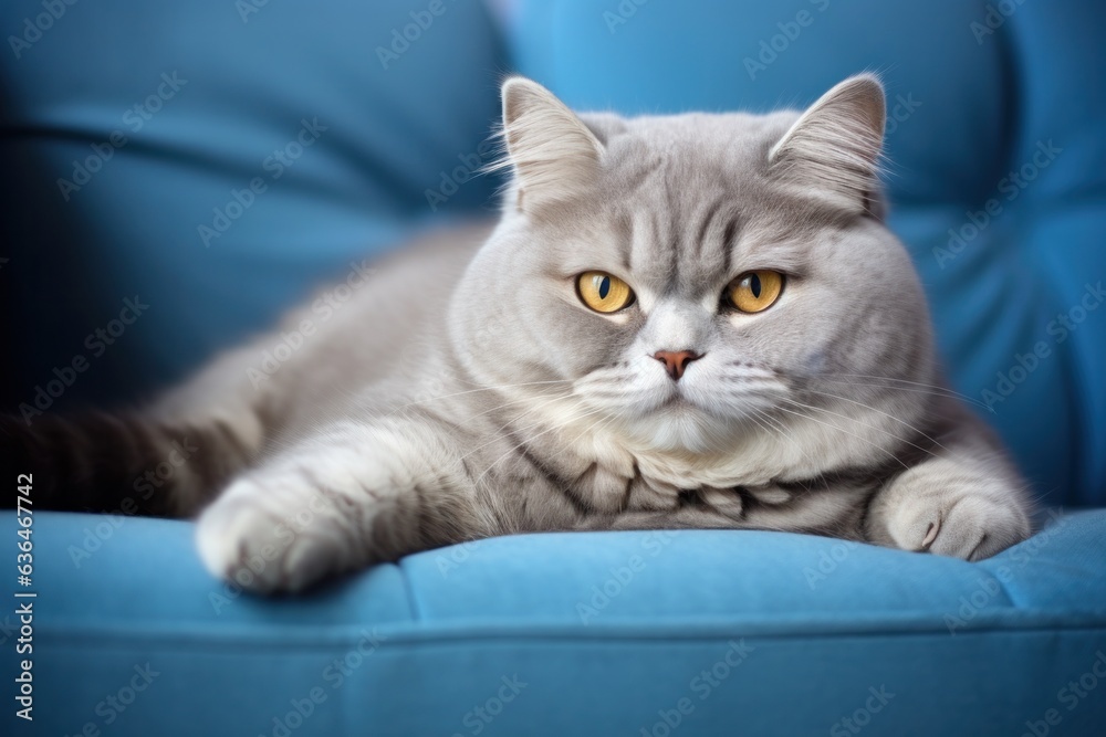 A fat cat lies on a blue sofa.