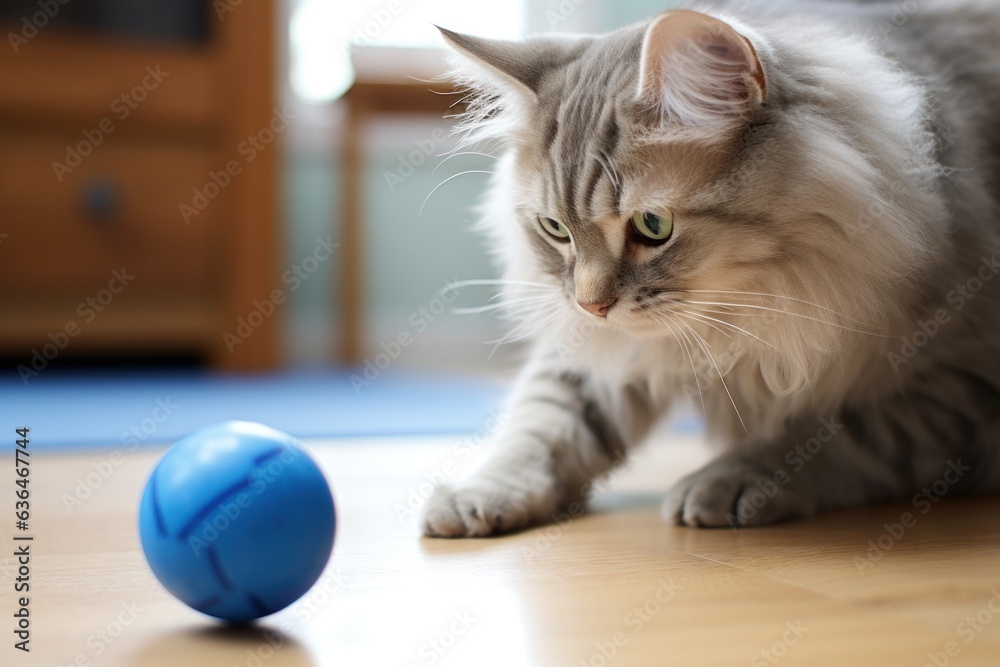 Cat is playing with blue ball