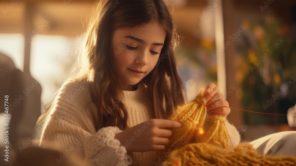 A beautiful girl of 10 years old is learning to knit.