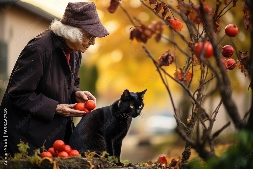 Old woman with cat in garden