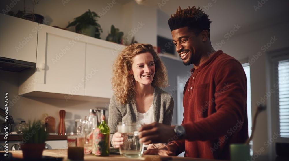 Black man and chinese woman cooking breakfast together.