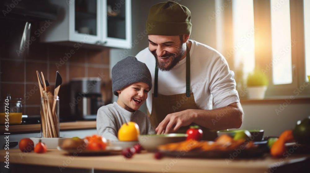 Dad with a son of 10 years cooking breakfast together