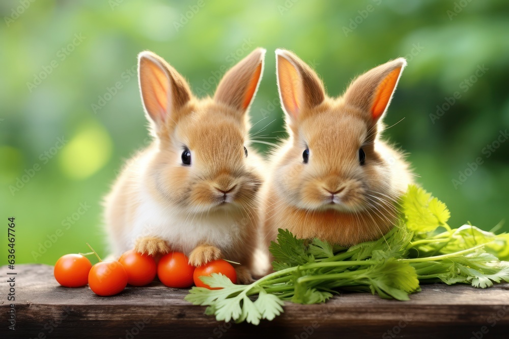 Two rabbits nibble on two carrots in the garden.