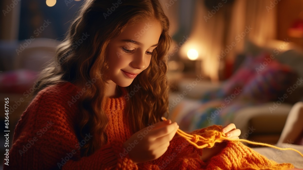 A beautiful girl of 10 years old is learning to knit.