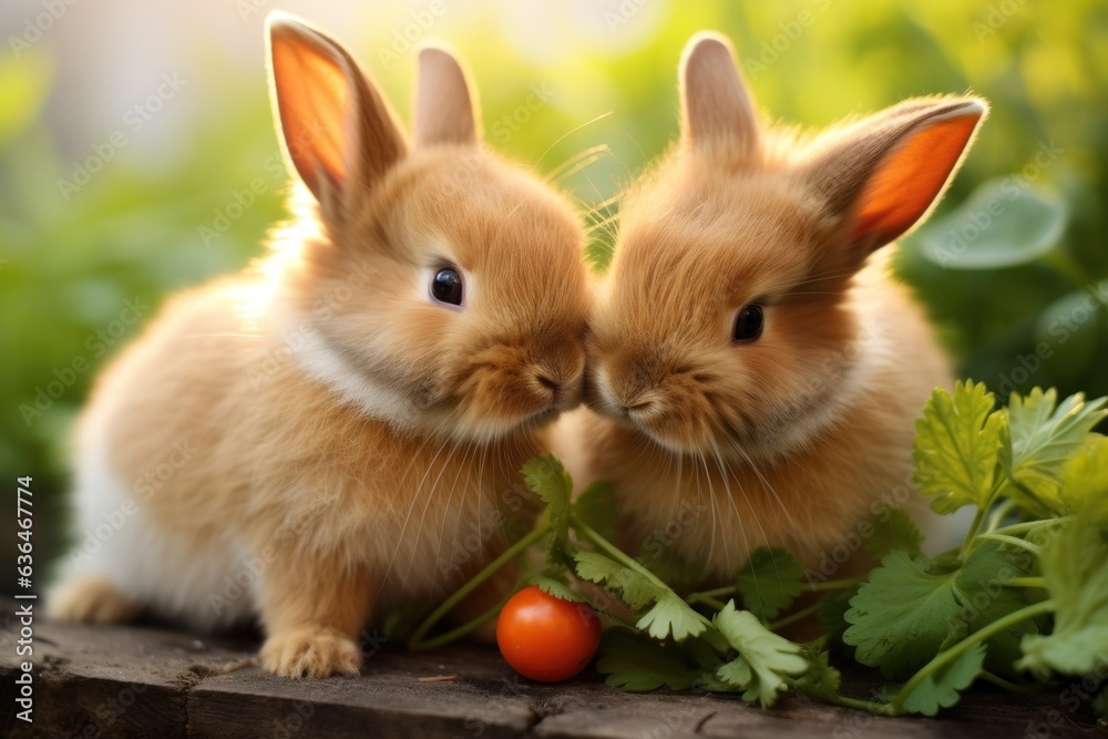 Two rabbits nibble on two carrots in the garden.