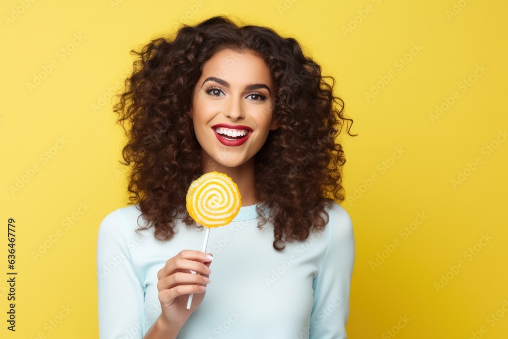 Beautiful Woman Eating Big Pink Lollipop isolated.