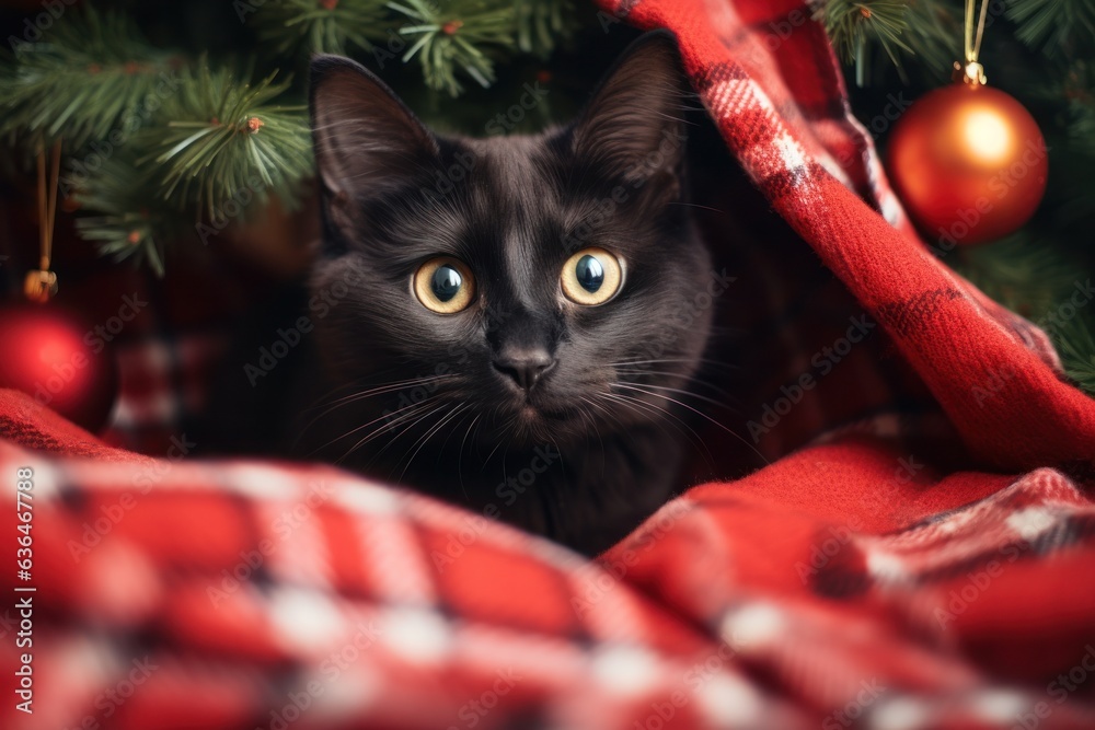 Cat in red sweater under the Christmas tree