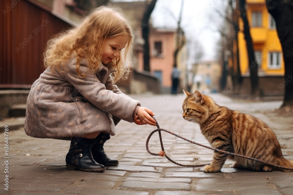 A girl holds a rope with a bow and a cat plays with her on the street