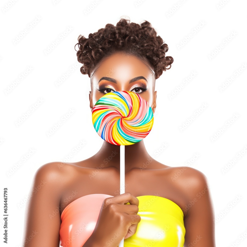 Beautiful Woman Eating Big Pink Lollipop isolated.