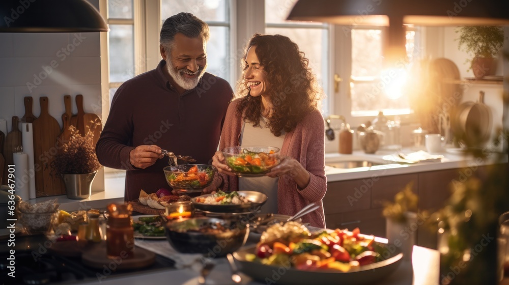 Old couple cooking breakfast together