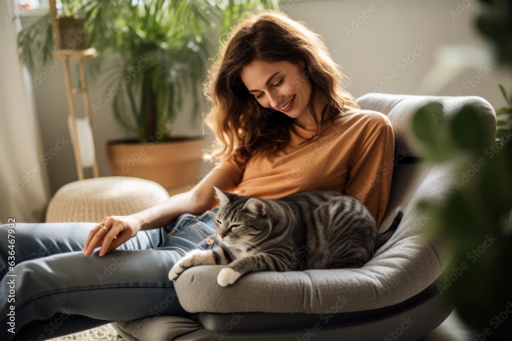 A woman in a gray T-shirt and jeans strokes a cat in a gray lounger