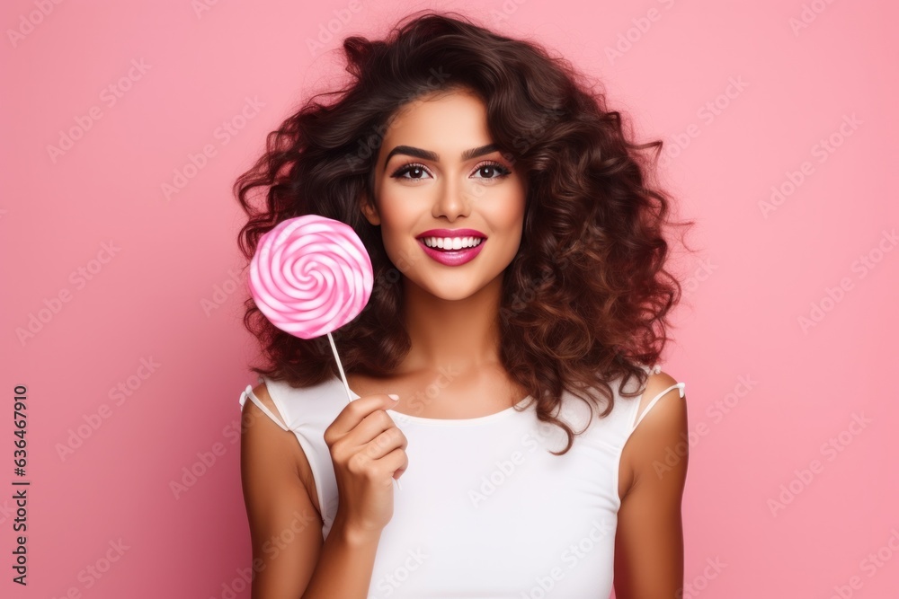 Beautiful Woman Eating Big Pink Lollipop isolated.