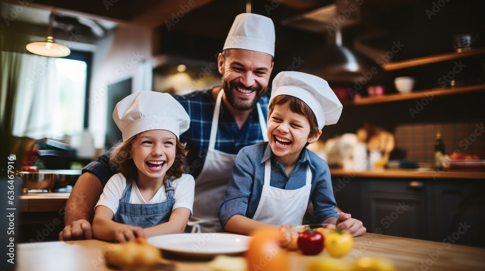 Dad with a girl of 10 years cooking breakfast together