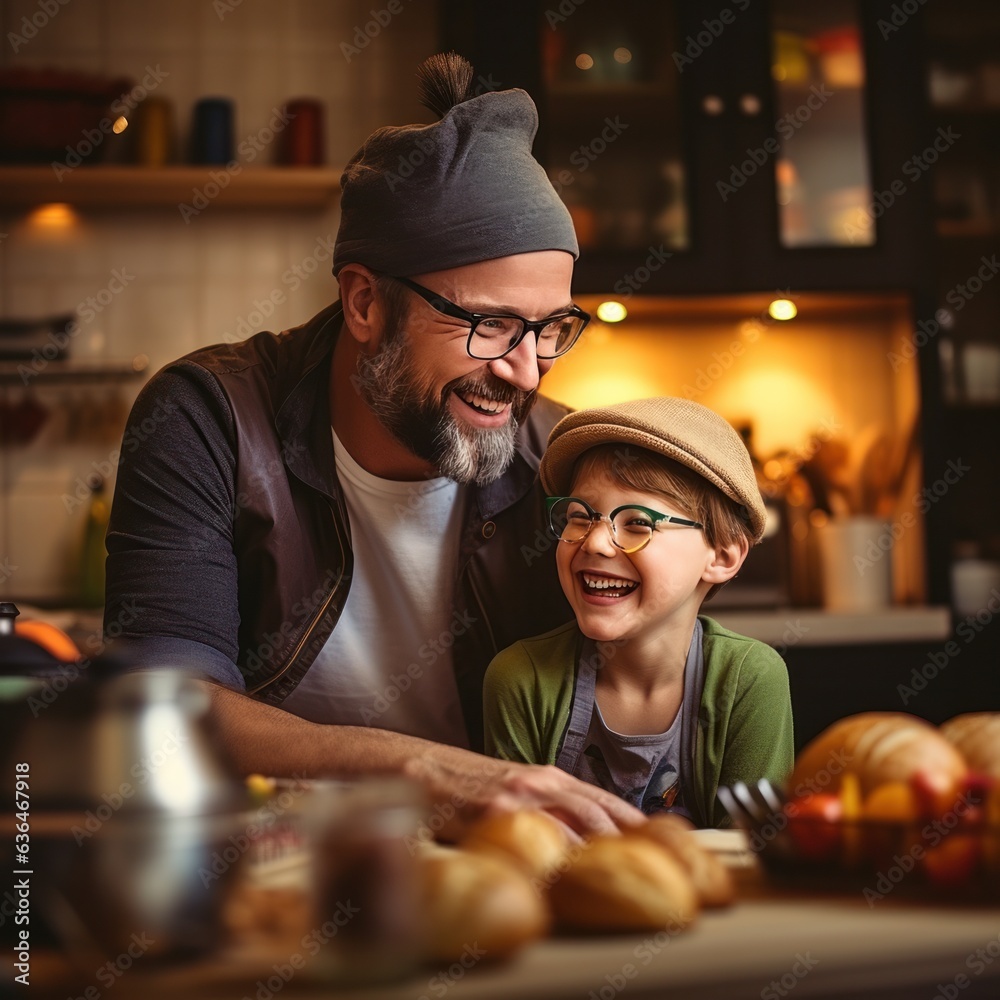 Dad with a son of 10 years cooking breakfast together