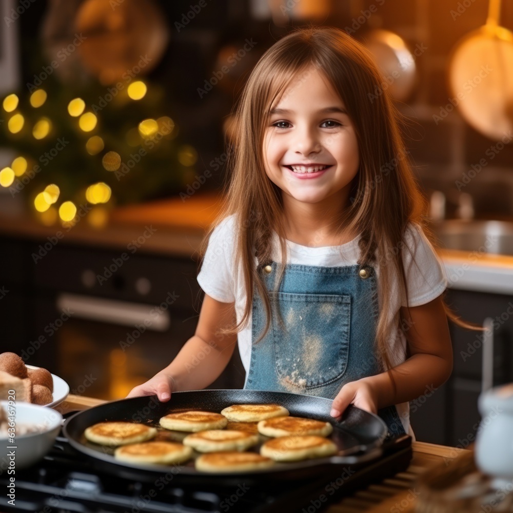 A beautiful girl bakes cupcakes with in a kitchen.