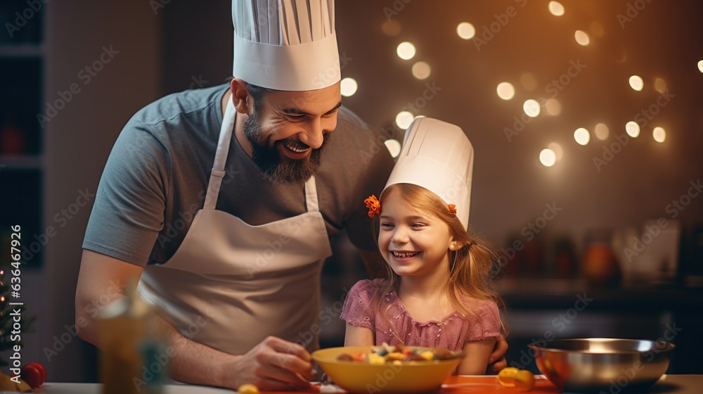 Dad with a girl of 10 years cooking breakfast together