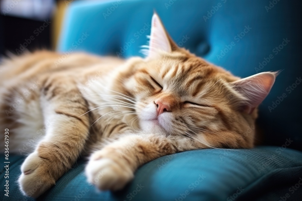 A fat cat lies on a blue sofa.