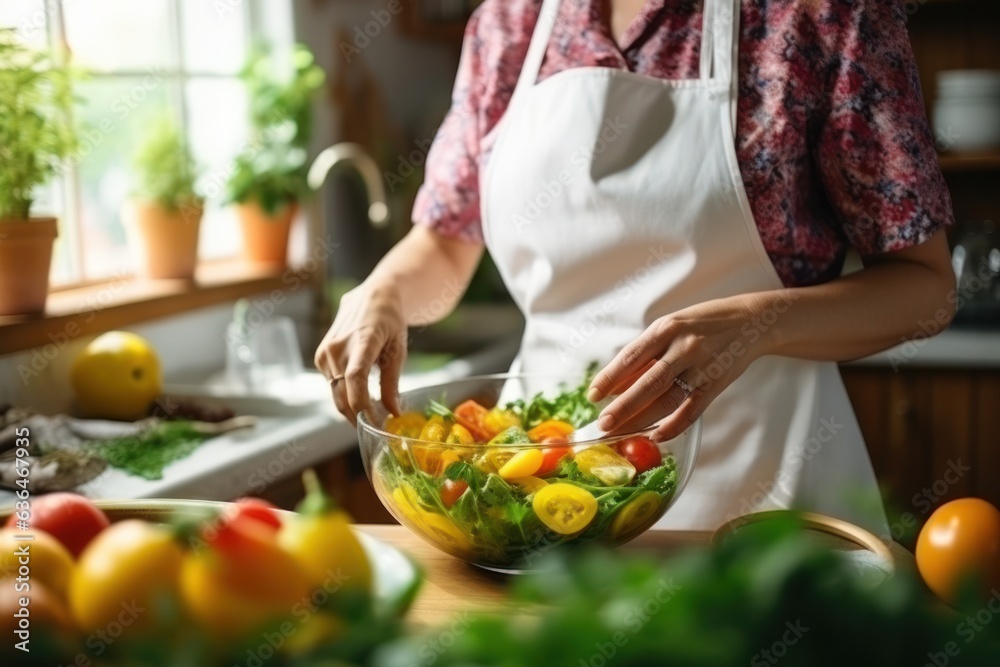 A woman in a yellow apron prepares a summer salad in the kitchen.