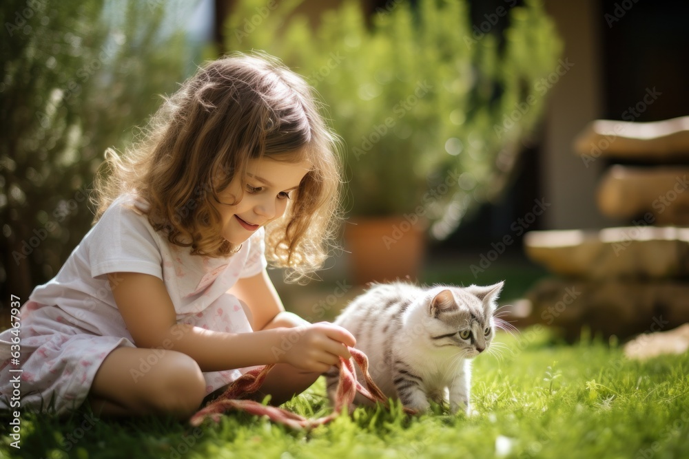 Girl playing with a cat with a ribbon in the garden