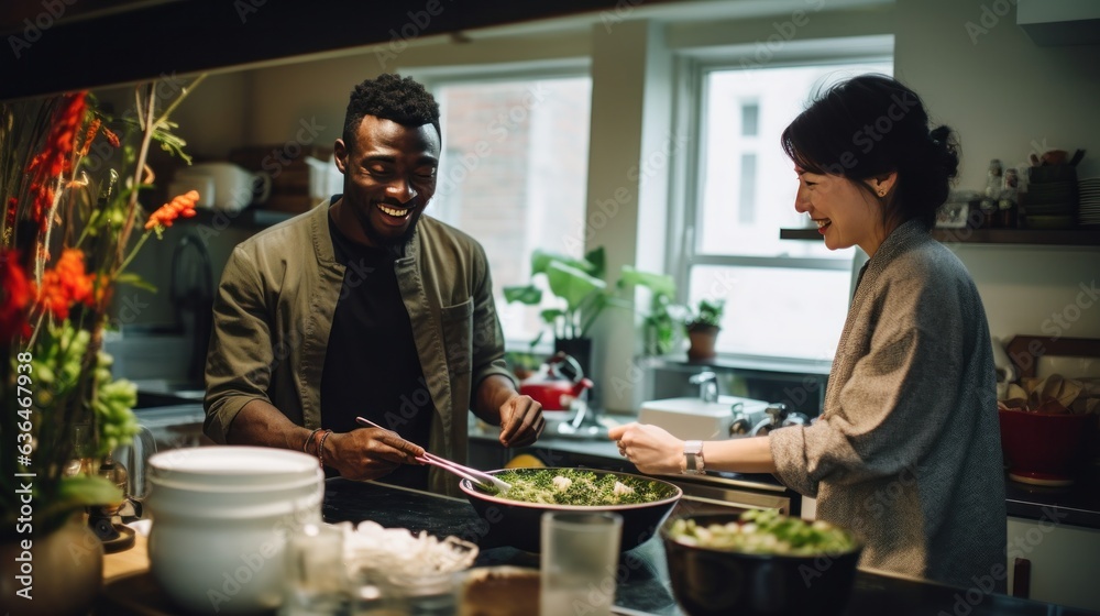 Black man and chinese woman cooking breakfast together.