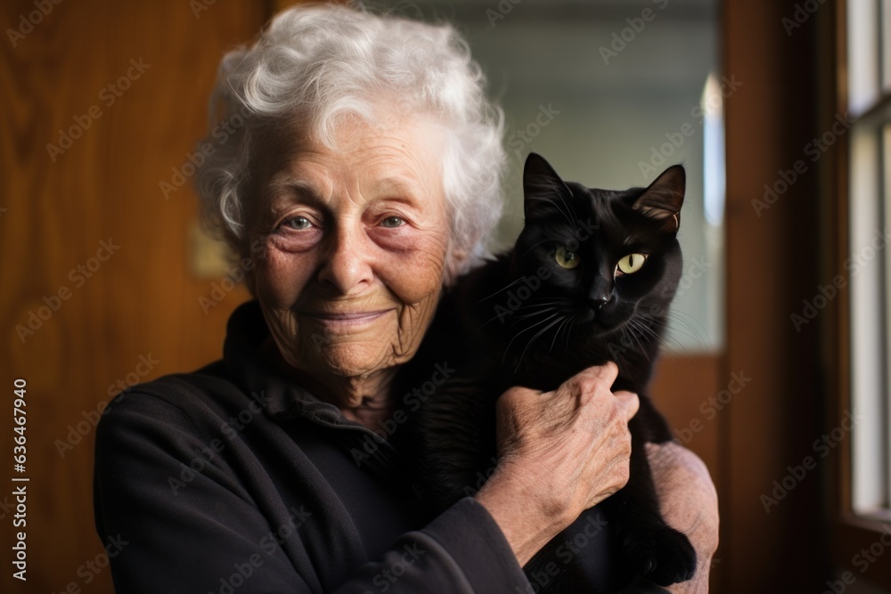 Grandma hugging her black cat