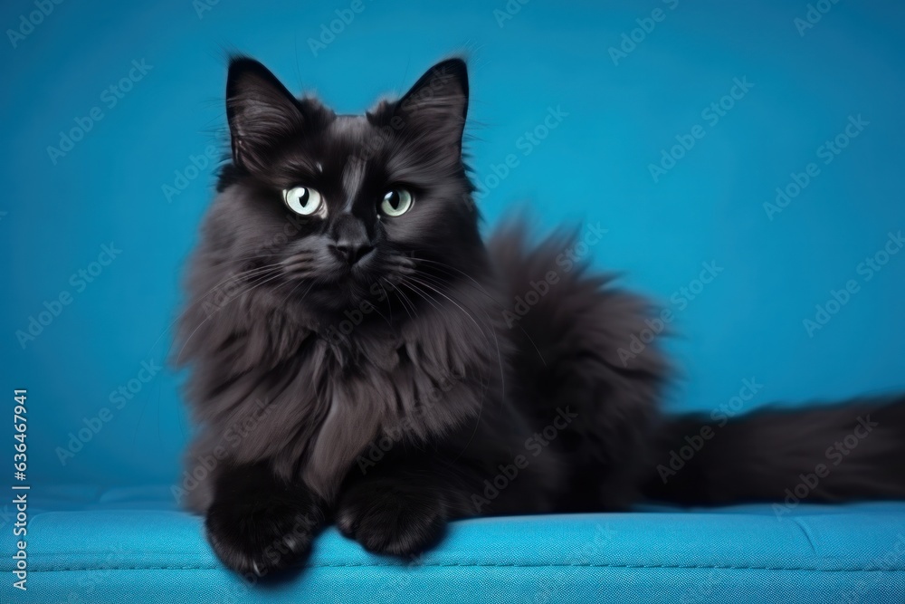 A fat cat lies on a blue sofa.