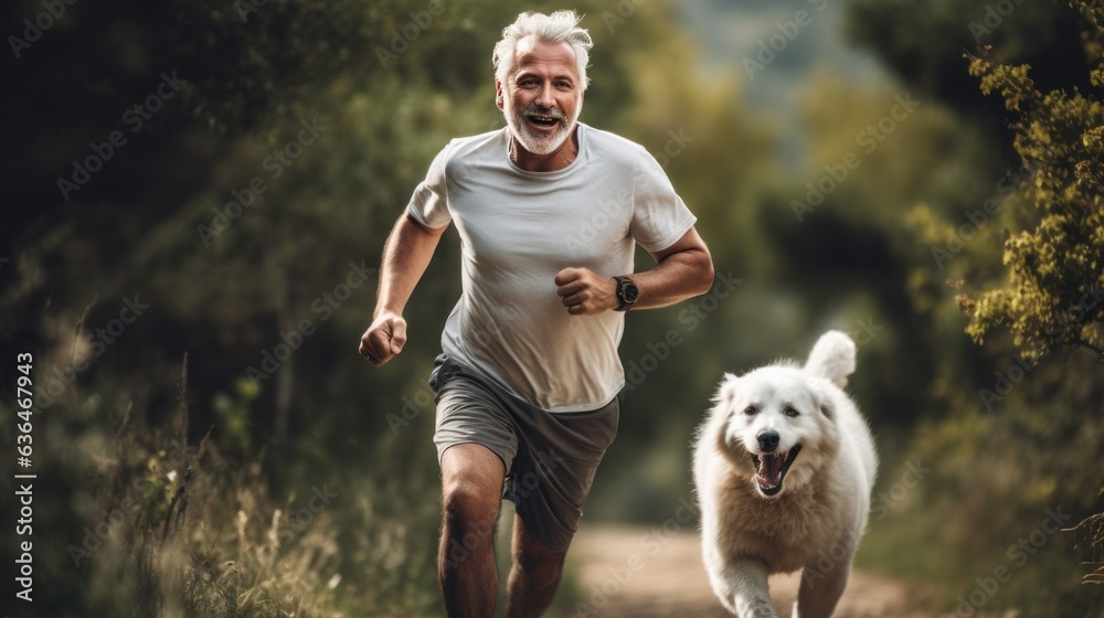 A man jogging with his dog