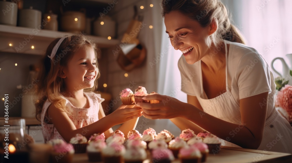 A beautiful girl of 10 years old bakes cupcakes with her mother in a kitchen.