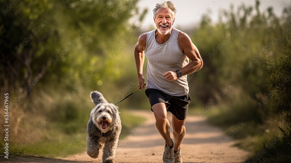 A man jogging with his dog