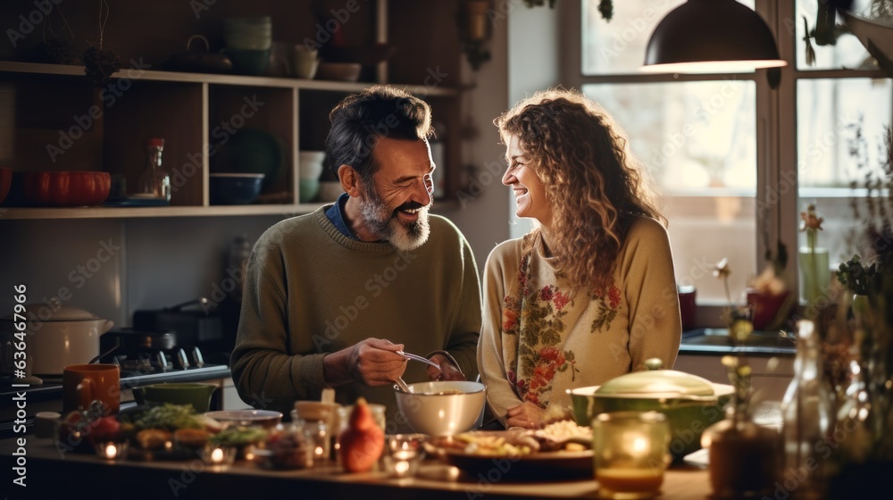 Old couple cooking breakfast together