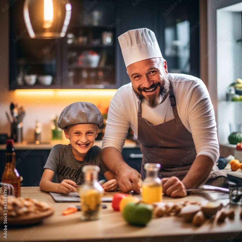 Dad with a son of 10 years cooking breakfast together